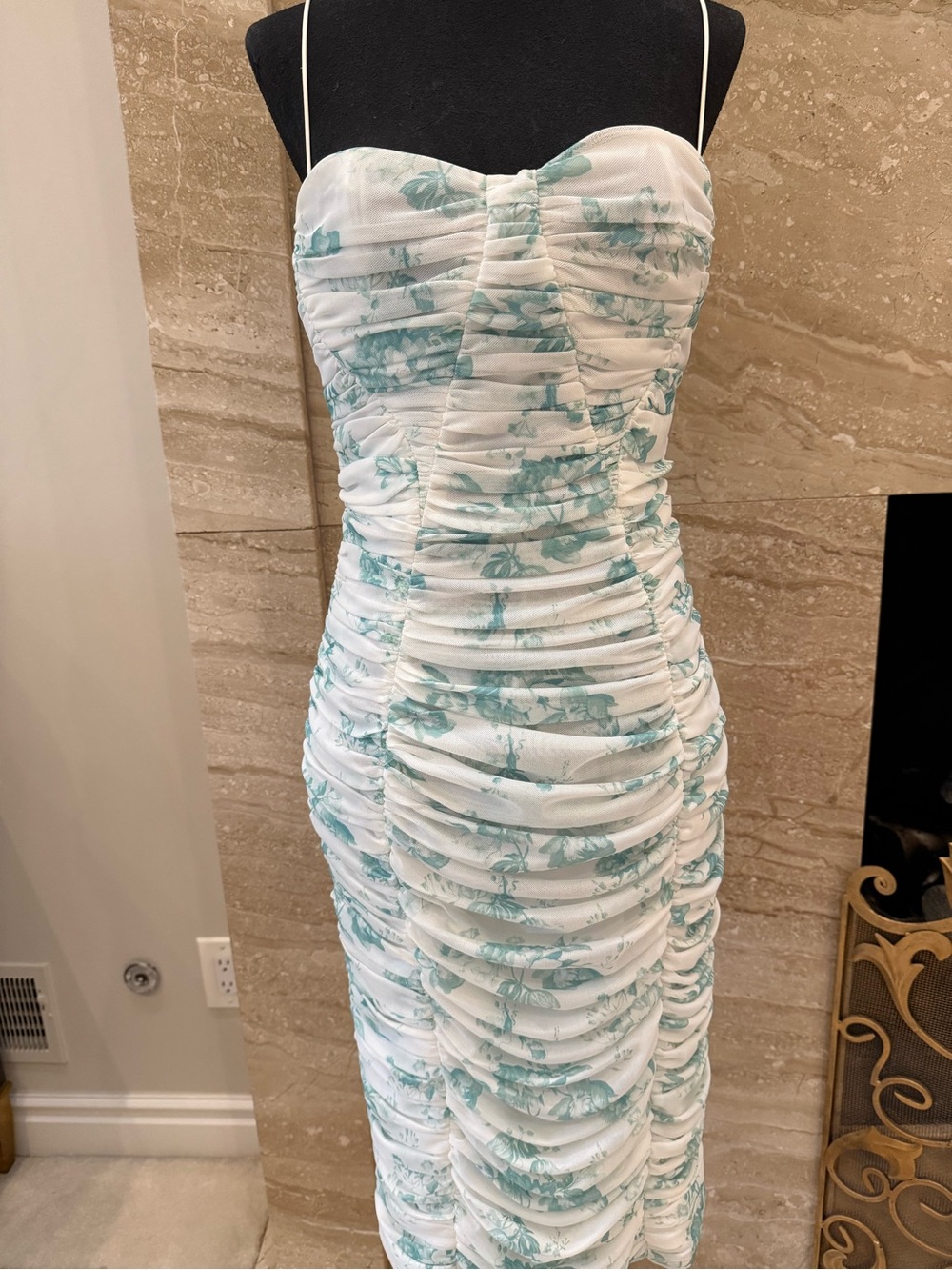 White and Mint Floral Ruched Spaghetti Strap Dress
